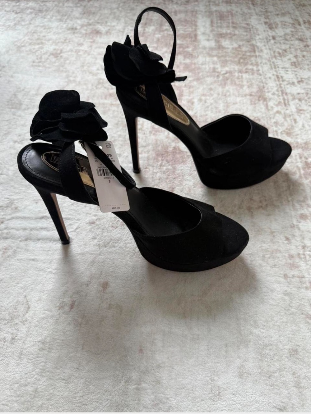 Express Black Suede Platform Heels with Rose Detail